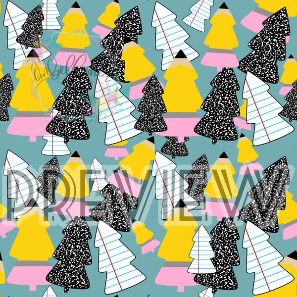 School trees overlapping seamless pattern green