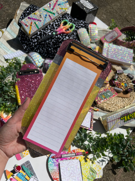 Mini glitter pencil clipboard with notepad: school edition