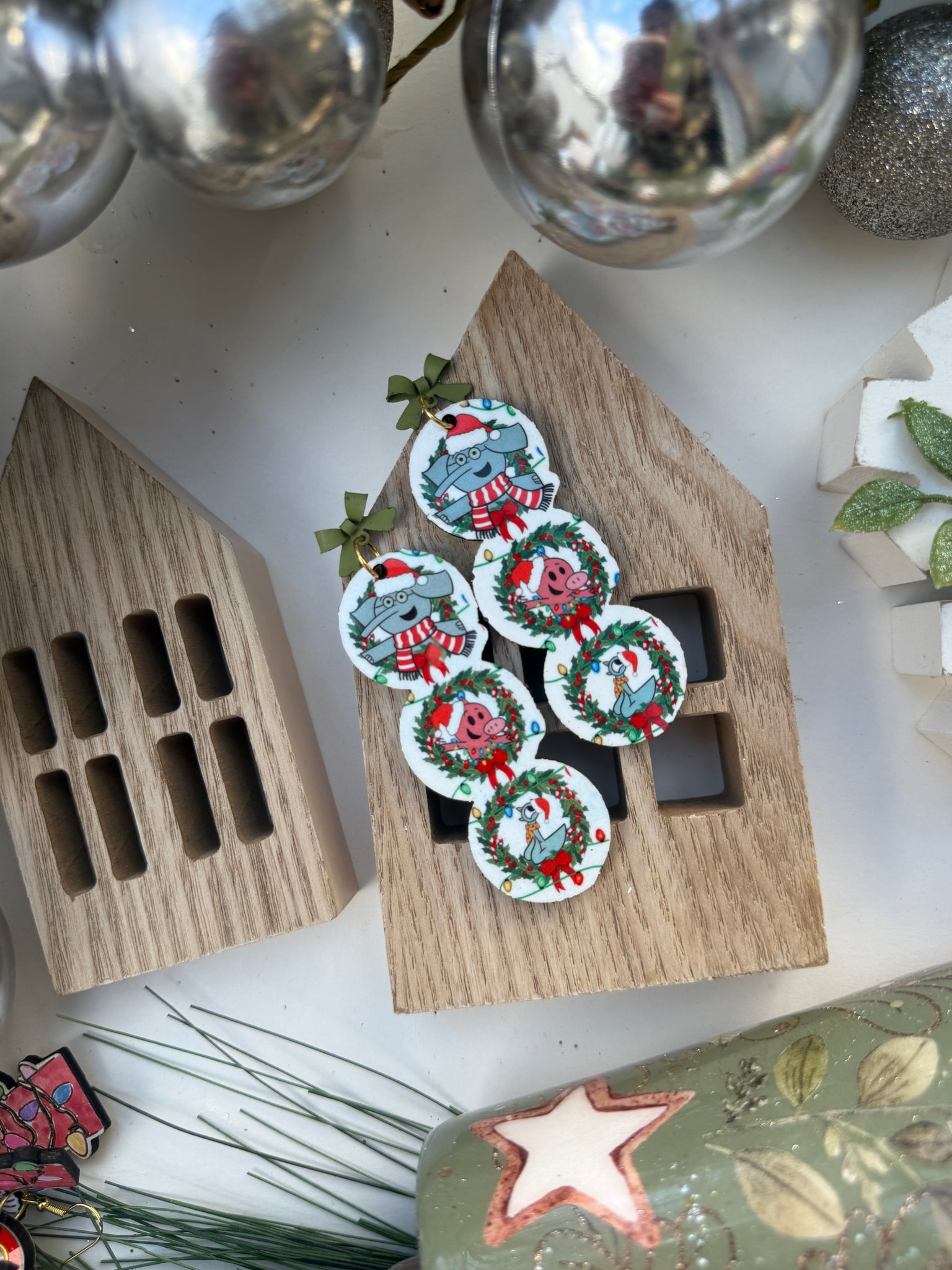 Mo Christmas stack elephant piggie pigeon earrings