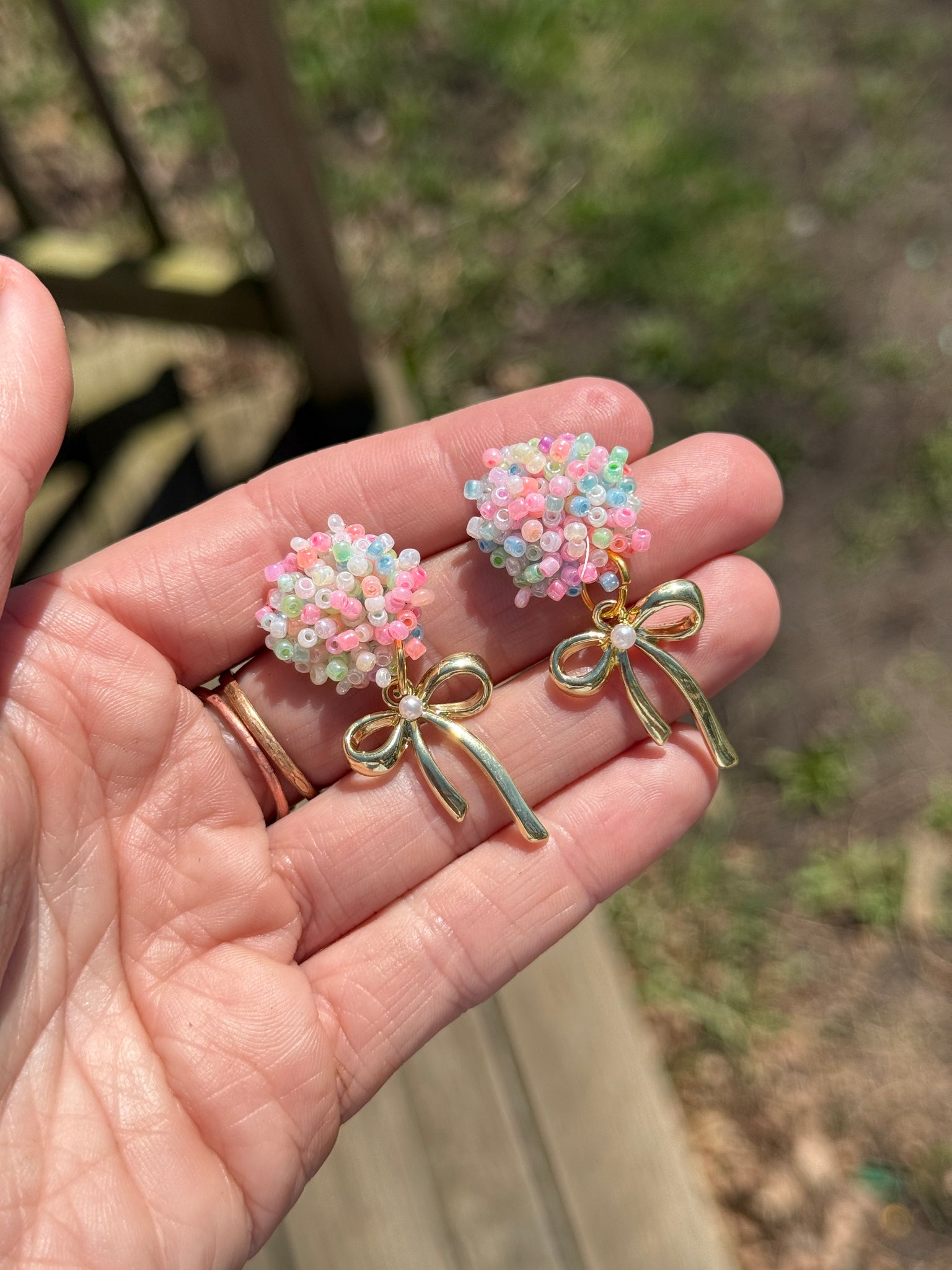 Beaded Pom dainty bows dangle earrings