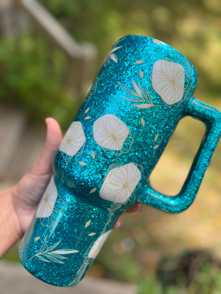 40 oz teal glitter floral tumbler