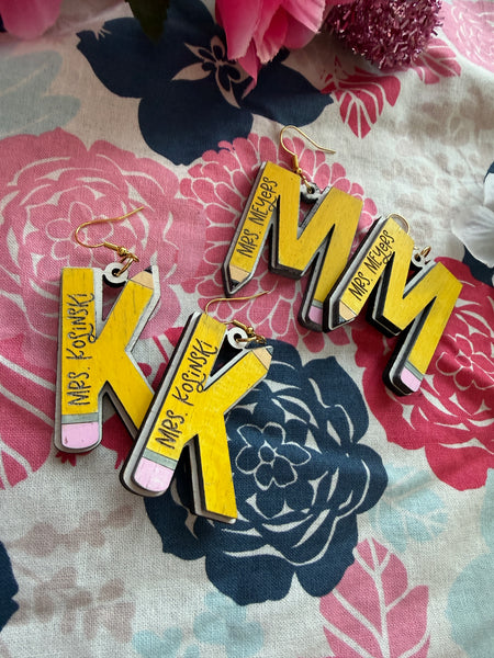 Personalized pencil letter earrings