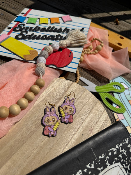 Labubu monster school themed earrings