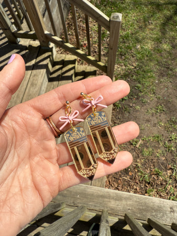 Pencil floral bow dangle earrings