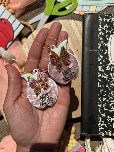 Apple bow pencil earrings personalized dangle