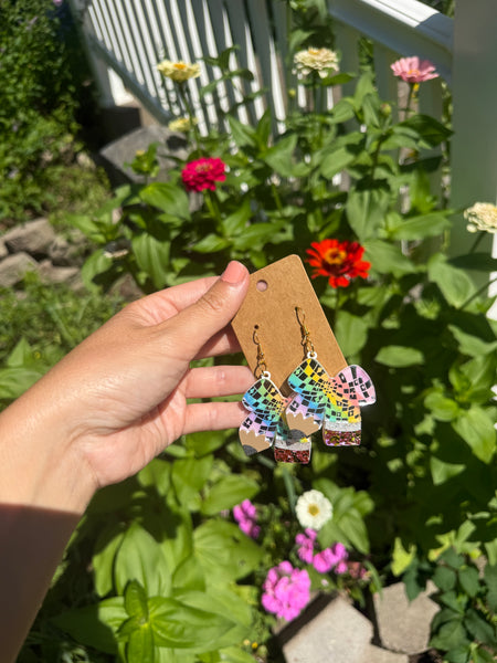 Pencil bow rainbow disco dangle earrings
