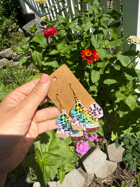 Pencil bow rainbow disco dangle earrings
