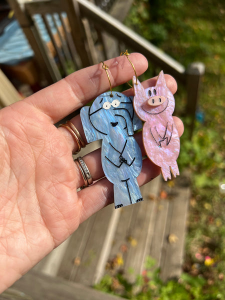 Elephant and pig dangle marble earrings