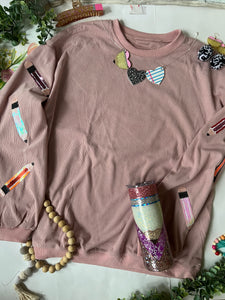 Pencil sequin patch sleeved ribbed sweater