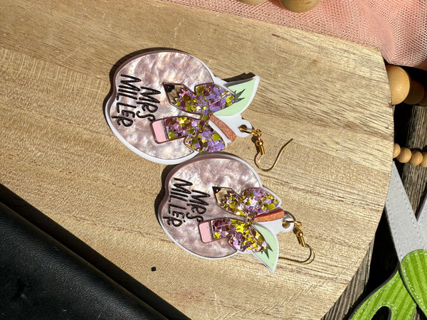 Apple bow pencil earrings personalized dangle