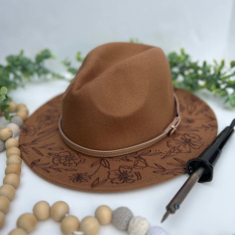Woodburning pyrography floral wide brim hat virtual class