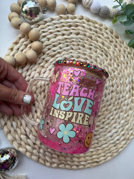 Teach love inspire snowglobe mug and bling top