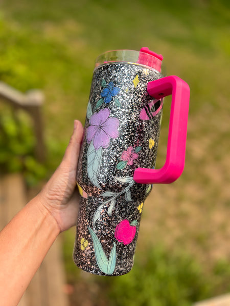 Hand painted glittered 40 oz composition tumbler