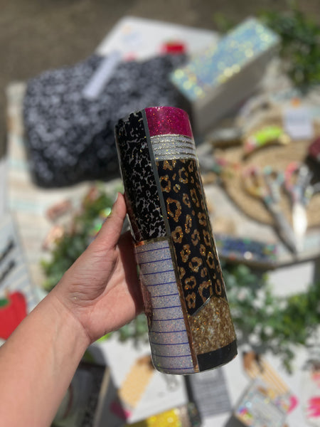 30 oz tumbler with leopard pencil paper composition
