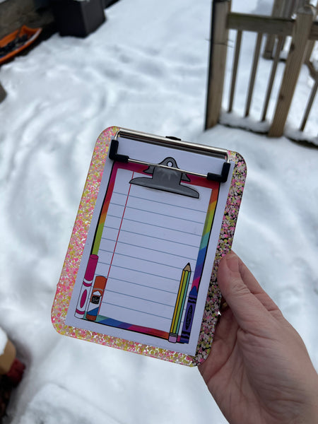 Mini glitter clipboard with notepad pink orange and white