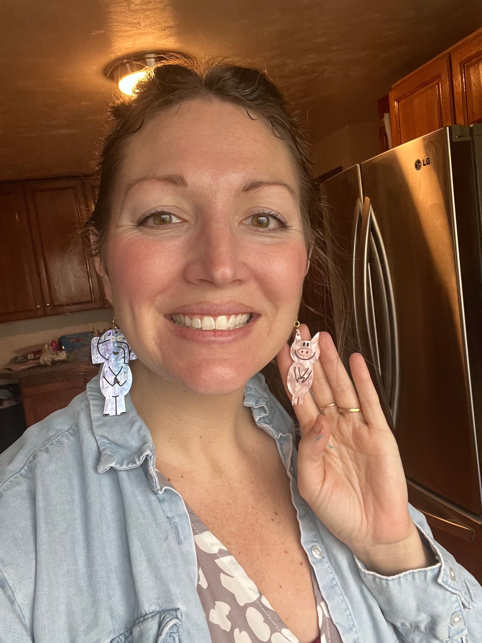 Elephant and pig dangle marble earrings