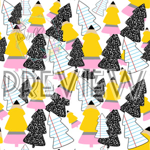 School trees overlapping seamless pattern white