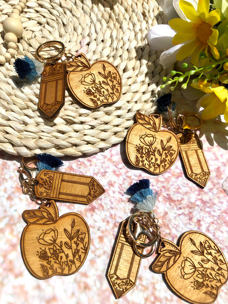 Apple floral engraved wood keychain with pencil charm