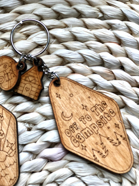 Off to the mountains, lake, campsite keychain
